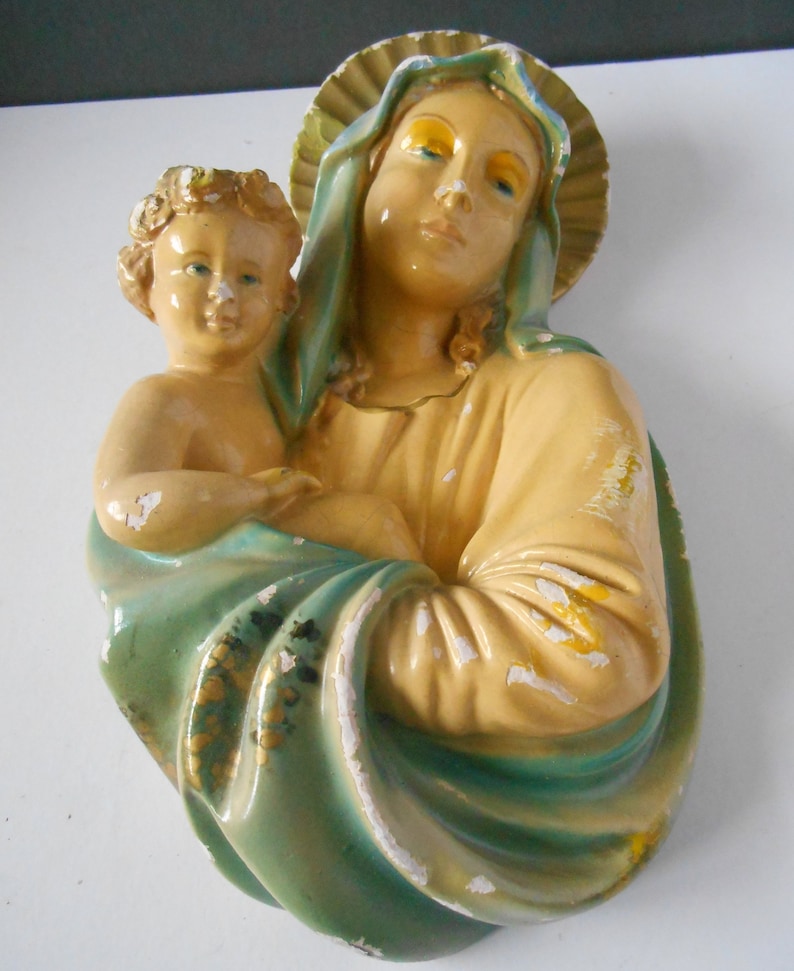 Vintage Ceramic Mary and Jesus Religious Figure Wall Hanging