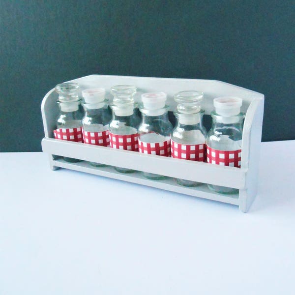 Storage Bottles Rack Red Check Grey  Buttons Bits Craft food salt pepper Herbs and Spices Shelf