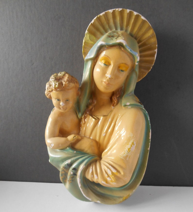 Vintage Ceramic Mary and Jesus Religious Figure Wall Hanging