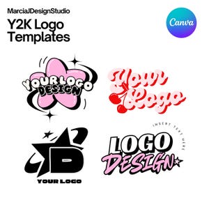 May include: A collection of Y2K logo templates in a variety of styles. The logos feature bold fonts, star accents, and a retro aesthetic. The color palette includes pink, black, and white. The Canva logo is in the upper right corner.