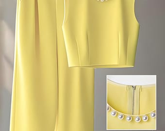 Ensemble haut sans manches orné de perles 3D et pantalon large French Chic : costume d'été