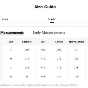 May include: A white size guide table with product measurements for clothing. The table includes sizes 4 to 12, with shoulder measurements ranging from 20.9 to 24 inches, and bust measurements from 40.2 to 46.5 inches.