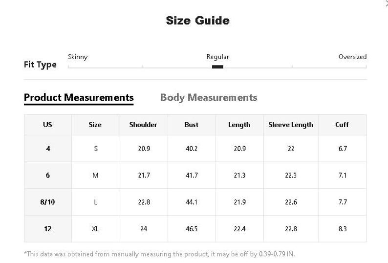 May include: A white size guide table with product measurements for clothing. The table includes sizes 4 to 12, with shoulder measurements ranging from 20.9 to 24 inches, and bust measurements from 40.2 to 46.5 inches.