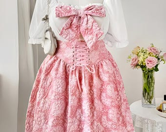 Robe midi corset en jacquard fleuri rose : robe à encolure carrée et nœud