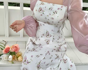 Cadeau pour la Fête des Mères : élégante robe midi en patchwork d'organza transparent à nœud | Robe de soirée vintage