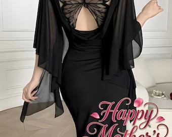 Robe longue noire avec des papillons : robe de soirée élégante à encolure dégagée, spéciale fête des mères
