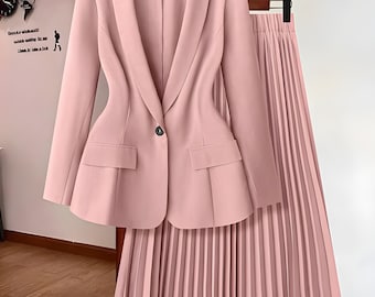 Mother's Day Gift: Elegant Shawl Collar Blazer & Pleated Midi Skirt 2-Piece Set