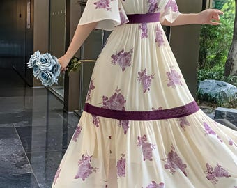 Robe midi fleurie en dentelle color block pour la fête des mères : robe bohème romantique printanière, cadeau d'inspiration vintage
