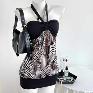 Luxury Resort Dress: Pleated Halter Neck Zebra Print Patchwork Casual Mini Cami