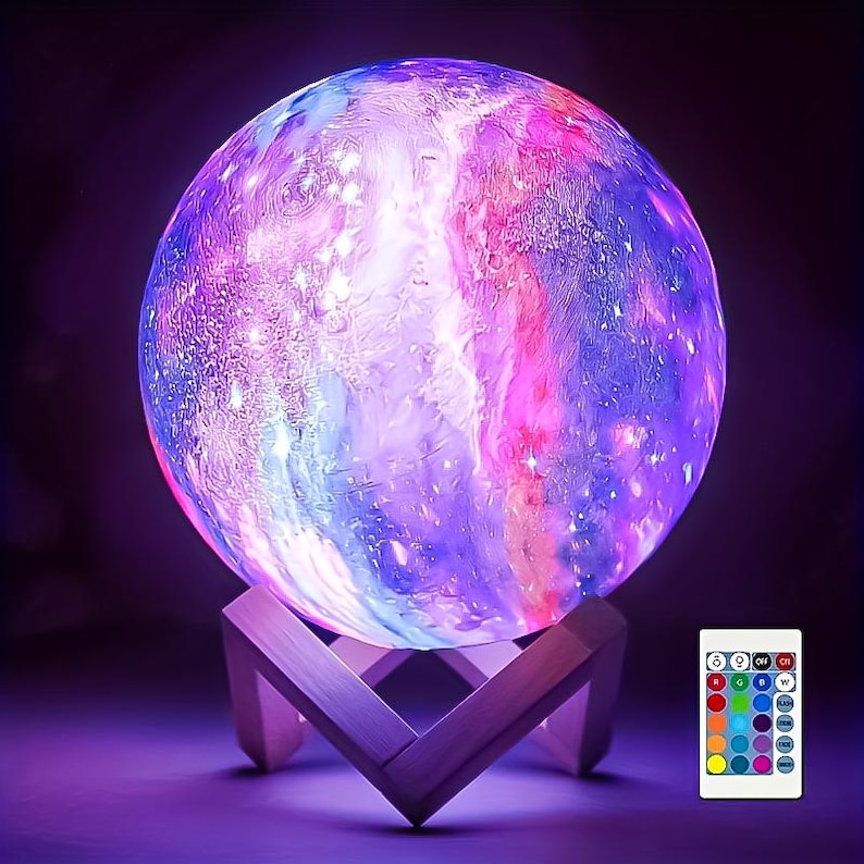 Lámpara de luna impresa en 3D: luz nocturna LED de 128 colores con soporte de madera