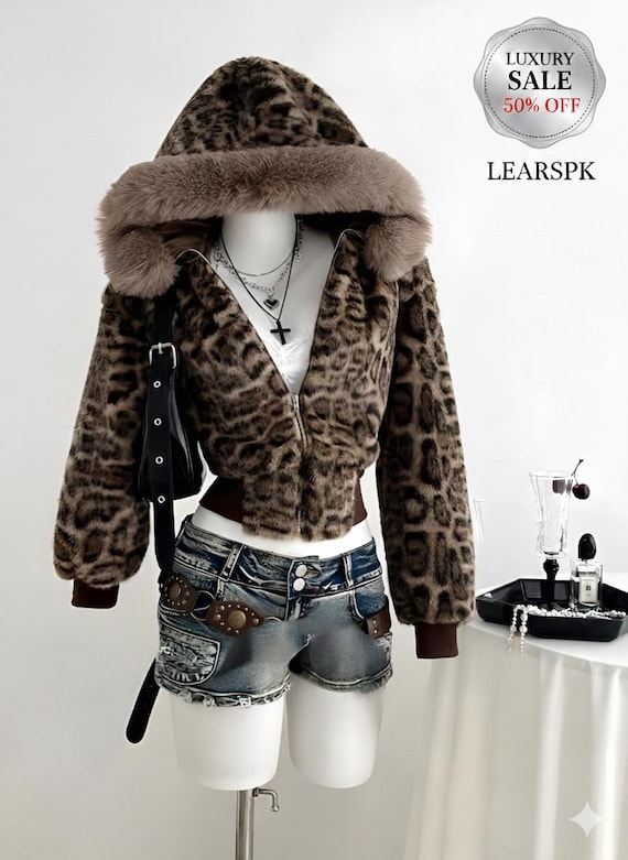 Leopard Print Faux Fur Collar Jacket | Retro Zip Up Sweatshirt