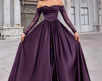 Robe basque en satin avec épaules dénudées et bordure en dentelle : robe d'invité pour mariage formel Fête des Mères