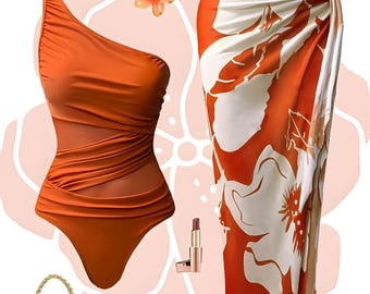 Ensemble monokini froncé et paréo à fleurs : maillot de bain cache-cœur, tenue de plage