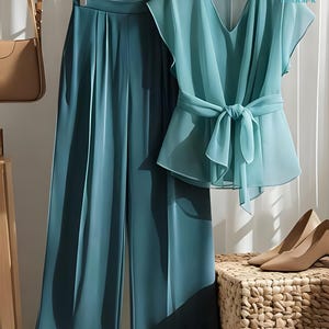 May include: A teal two-piece outfit, including wide-leg pants and a V-neck top with a tie, hangs on a wooden hanger. The top has short sleeves. A pair of beige heels sits on a woven basket. The text "LEARSPK" and "IMPORTED" are visible.