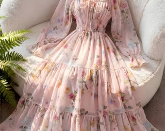 Robe longue en mousseline de soie à petites fleurs : robe de vacances trapèze à encolure carrée