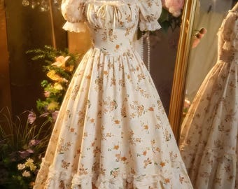 Romantyczna, wiktoriańska sukienka maxi z kwiatowym wzorem | Suknia koronkowa Cottagecore z bufiastymi rękawami