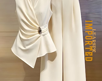 Ensemble 2 pièces asymétrique froncé : costume de luxe avec haut boutonné en métal et pantalon
