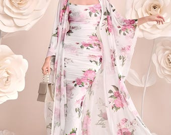 Ensemble robe et manteau moulants 2 pièces à imprimé floral | Tenue brunch romantique dans le jardin