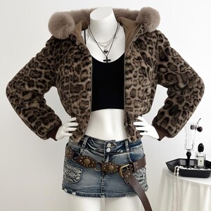 Leopard Print Faux Fur Collar Jacket | Retro Zip Up Sweatshirt image 5