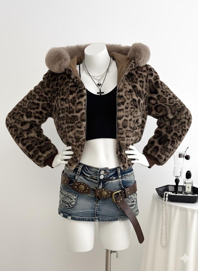 Leopard Print Faux Fur Collar Jacket | Retro Zip Up Sweatshirt image 5