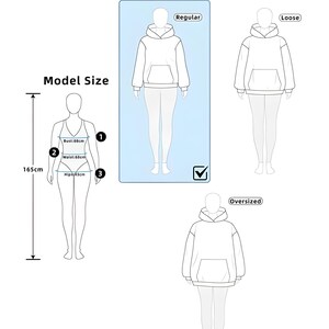 May include: Diagram illustrating clothing fit, featuring a model's measurements: 165cm height, 88cm bust, 60cm waist, and 93cm hips. The image shows Regular, Loose, and Oversized fit options for a hoodie. Text reads: Model is wearing S with Regular.