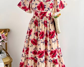 Cadeau pour la fête des mères - Robe longue rose en mousseline de soie à fleurs : robe d'été à encolure carrée et ourlet à volants
