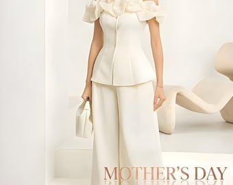 Ensemble haut et pantalon asymétriques pour la fête des Mères : tenue deux pièces formelle chic