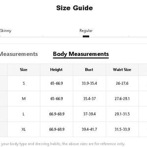 May include: A size guide table with body measurements in inches. The table includes US sizes 4 to 12, with corresponding sizes S to XL. Measurements for height, bust, waist, and hips are provided for each size. The fit type is indicated as skinny, regular, and oversized.