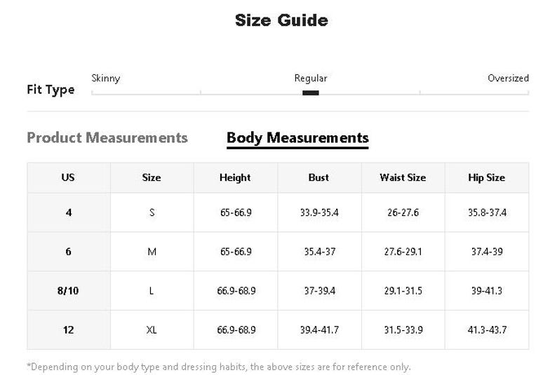 May include: A size guide table with body measurements in inches. The table includes US sizes 4 to 12, with corresponding sizes S to XL. Measurements for height, bust, waist, and hips are provided for each size. The fit type is indicated as skinny, regular, and oversized.