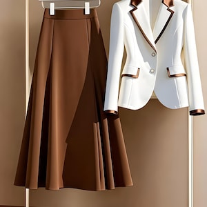 May include: A white blazer with brown trim and a matching brown skirt hang on a clothing rack. The blazer has two buttons and brown trim on the lapels, pockets, and cuffs. The skirt is a solid brown color. The text "LEARSPK" and "IMPORTED" are visible.