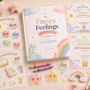 May include: A hardcover book titled My Happy Feelings Journal for Kids with a rainbow and cloud cover, accompanied by two sticker sheets featuring emotional icons, two certificates, two crayons, a star-shaped sticker, a heart sticker, and a rainbow eraser.
