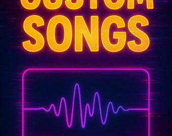 Può includere: Grafica digitale con la scritta "CUSTOM SONGS" in arancione brillante, in un font stilizzato. Sotto, un rettangolo rosa neon incornicia un grafico a forma d'onda, che suggerisce l'audio. Lo sfondo è blu scuro con sottili effetti glitch.