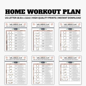 Può includere: Un set di sei piani di allenamento a casa stampabili. Ogni piano presenta un obiettivo diverso, tra cui la combustione di calorie per tutto il corpo, la costruzione di muscoli magri e la tonificazione a corpo libero. I piani sono in formato US Letter (21,6 x 27,9 cm).