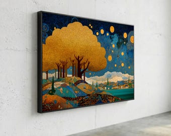 Golden Autumn Trees Canvas, Starry Night Landscape Wall Art, Abstract Nature Scene, Colorful Forest Hills Canvas, Modern Home Décor