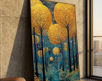 Tela con foresta autunnale dorata, arte murale astratta con alberi, arredamento moderno con natura, tela autunnale, dipinto artistico con ambientazione boschiva, pronto da appendere