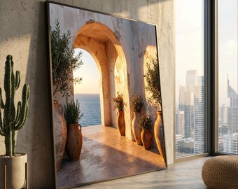 Mediterran Torbogen Ansicht Leinwand, rustikale Tonvase Wandkunst, Küsten Wohndekor, sonnenbeschienene Blumenarrangement Leinwand, Meerlandschaft Dekoration