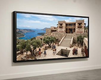 Antiker mediterraner Palast auf Leinwand, Wandkunst mit historischer Architektur, klassische Ruinenlandschaft, Dekoration zum Thema Kulturerbe, Küstenarchäologie