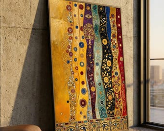 Lienzo abstracto con olas coloridas, arte mural geométrico moderno, decoración en lienzo con detalles dorados, decoración contemporánea para el hogar, obra de arte lista para colgar.