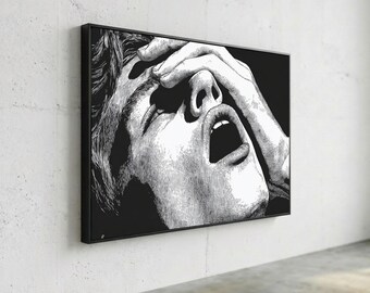 Lienzo con expresión dramática en blanco y negro, arte de rostro emotivo, decoración de pared con retrato surrealista, dibujo a tinta intrincado, lienzo moderno para el hogar.