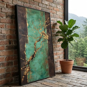 Kintsugi Gold Crack Art, tela giapponese astratta, arte murale turchese e nera, arredamento per la casa Wabi Sabi, stampa su tela moderna Zen