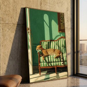 Impresión en lienzo de guepardo, sofá de rayas verdes, arte mural de animales