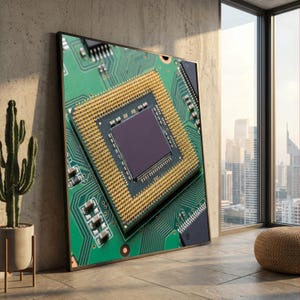 Può includere: Una grande opera d'arte da parete incorniciata che presenta un primo piano ad alta risoluzione di un circuito stampato verde con un chip di elaborazione centrale color oro. L'immagine mostra intricati percorsi in rame, piccoli componenti elettronici argentati e una CPU quadrata scura.