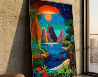 Livfull tropisk landskapsduk, väggkonst i mosaikstil, färgglad öscen, exotisk naturduk, dekoration i kustnära berg