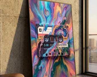 Lienzo con diseño de cinta de casete retro, remolino de pintura abstracta y colorida, obra de arte musical vintage, arte mural psicodélico, lienzo de decoración moderna para el hogar.