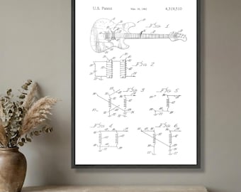 Lienzo decorativo con patente de guitarra eléctrica vintage, plano técnico de 1982, ilustración de instrumento musical, decoración moderna para el hogar, listo para colgar.