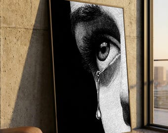 Primer plano de una lágrima emotiva, lienzo puntillista en blanco y negro, arte surrealista de ojos, lienzo monocromático de expresión facial, decoración dramática para la pared