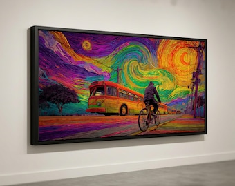 Bunte Fahrrad- und Bus-Street-Art auf Leinwand, wirbelnder abstrakter Himmel, moderne Stadtbild-Wanddekoration, fertig zum Aufhängen