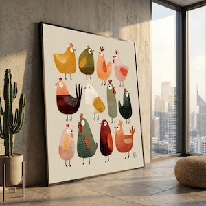 Impresión en lienzo de pollos coloridos, arte de pared rústico y caprichoso