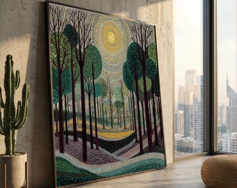 Vibrant Pointillism Forest Canvas, Modern Nature Art, Abstract Tree Landscape, Dotted Sunlight Scene, Unique Wall Decor, Ready to Hang