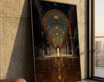 Lienzo con majestuoso arco dorado, arte mural para pasillo iluminado, diseño de techo ornamentado, arte de suelo con reflejo, elegante decoración para el hogar.